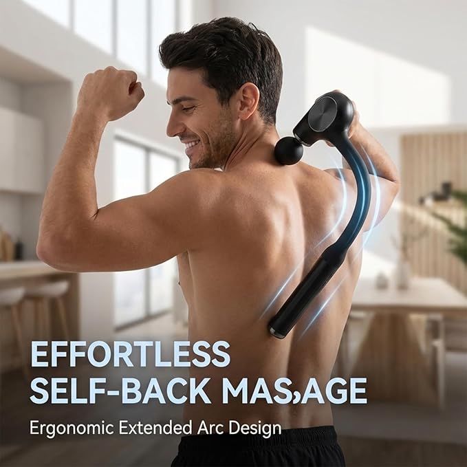 Deep Tissue Percussion Massage Gun with 12mm Penetration and 5-Speed Levels - 4 Heads and Extension Handle for Back Muscle & Neck/Shoulder Pain Relief - Lightweight Portable for Home Gym