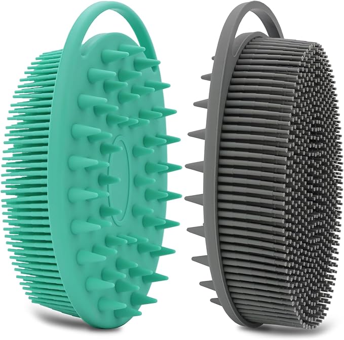 2 Pack Silicone Body Scrubber, Loofah Double-Sided Body Brush,Shower Scrubber and Scalp Massager Shampoo Brush for Sensitive Kids Women Men All Kinds of Skin (Green & Gray)