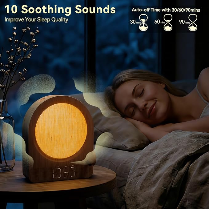 Vivilumens Gradual Sunrise Alarm Clock & White Noise Sound Machine for Better Sleep - Wood Grain Design, Wake-Up Light, Night Light, 10 Natural Sounds, Dual Alarms for Heavy Sleepers