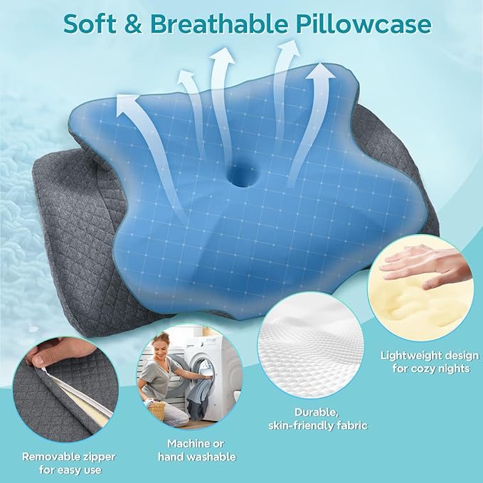Cervical Neck Pillow for Sleeping, Ergonomic Memory Foam Pillow for Neck Pain Relief, Dual Height Contour Support for Side and Back Sleepers, Cooling Breathable Pillowcase, Grey