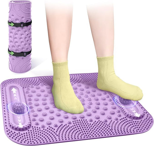 Large Foot Massager Mat with Two Massage Balls, 5-Zone Foot Reflexology Mat for Various Stimulation, Portable Acupressure Pressure Point Pad for Feet Relaxation, Pain, Fatigue Relief(Purple)
