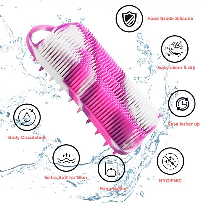 Silicone Body Scrubber, 2 in 1 Body Brush & Hair Scalp Brush for Shower and Bath, Easy Clean, Lathers Well, Stimulating Blood Circulation More Hygienic Than Loofah, Fit Women Men.Camo Purple
