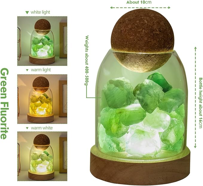 Runyangshi Green Fluorite Night Lamp 6.3" Natural Healing Crystal Aroma Stone Diffuser Bedside Lamp USB Port 3 Colours Dimming Mode Bedroom Lamp Home Decor