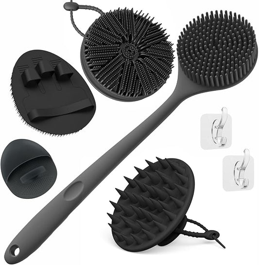 Manmihealth Silicone Back Scrubber & Soft Bath Glove, Silicone Scalp Massager Set 5 PCS, Super-Exfoliating Body Scrubber Shower Brush & Shampoo Brush Combination, with 2 Free Hooks (Style 1 Black)