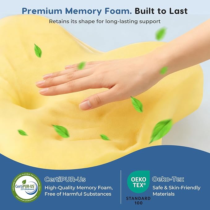 Cervical Neck Pillow for Sleeping Ergonomic Memory Foam Pillow for Neck Pain Relief, Dual Height Contour Support with Cooling Breathable Pillowcase for Side Back Stomach Sleepers