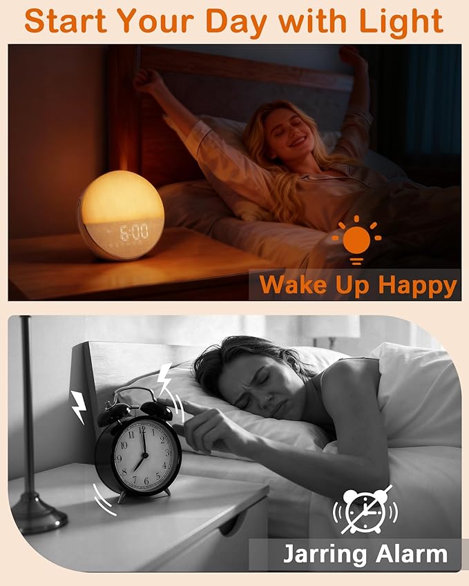 Sunrise Alarm Clock with Sound Machine: Gentle Gradual Wake Up Light for Heavy Sleepers Relieve Anxiety Dimmable Clock with Bluetooth Memory for Bedroom - White Noise Machine with 30 Sleep Sounds