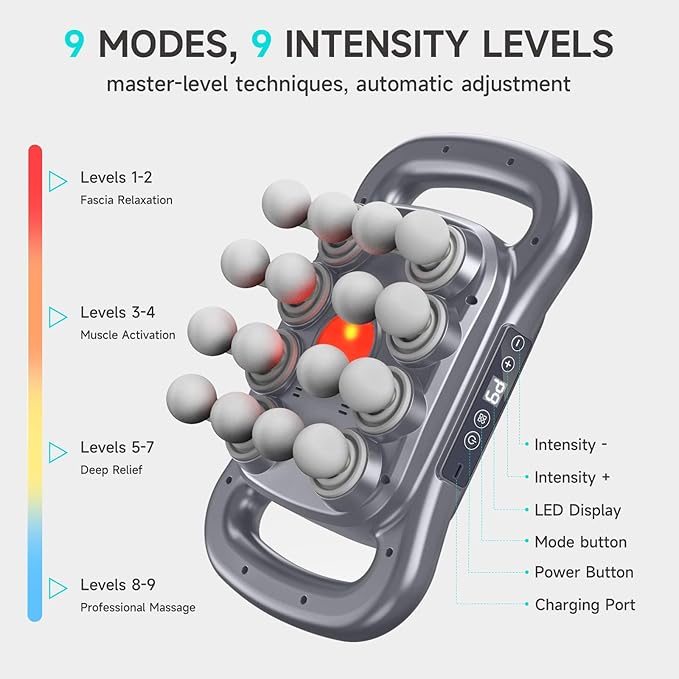 16-Head Massage Gun, Deep Tissue Massager with 9 Modes & Levels, Quiet Muscle Massage Gun for Back, Shoulders, Legs, Foot, Body Muscle Pain Relief, Dark Grey