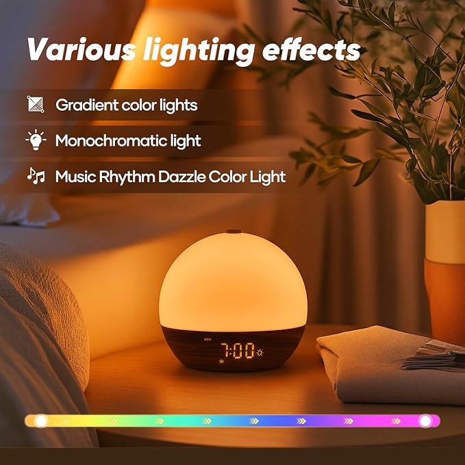 Sunrise Alarm Clock, Sound Machine, Wood Grain Dimmable Night Light for Heavy Sleepers, White Noise Machine for Baby, Dual Alarm Function 30 Sleep Sounds, Wake Up Light with 17 Effects
