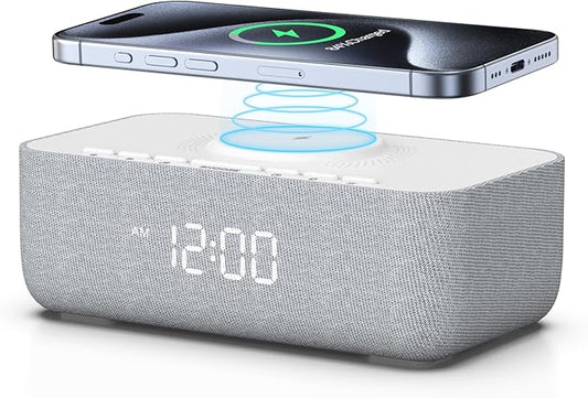 REACHER 15W Fast Wireless Charging Alarm Clock with White Noise Machine │ 20 High-Fidelity Sleep Sounds │ Gradual Wake & Unlimited Snooze │ 0–100% Dimmable Digital Clock for Bedroom & Office