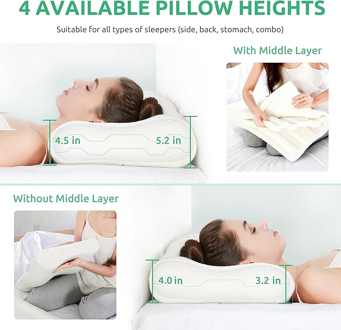 UTTU Cervical Pillow for Neck Pain Relief, Memory Foam Neck Pillow for Sleeping, Adjustable Orthopedic Sandwich Pillow, Contour Cooling for Side Back Stomach Sleeper, Queen(23.6"×14"×5.2"/4.5")