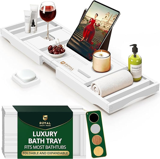 ROYAL CRAFT WOOD Premium Foldable Bathtub Tray Caddy - Wood Bath Tray for Tub, Bamboo Shelf, Expandable Bath Table Trays, Bathtub & Bathroom Accessories for New Home & Mothers, Birthday Gifts for Mom