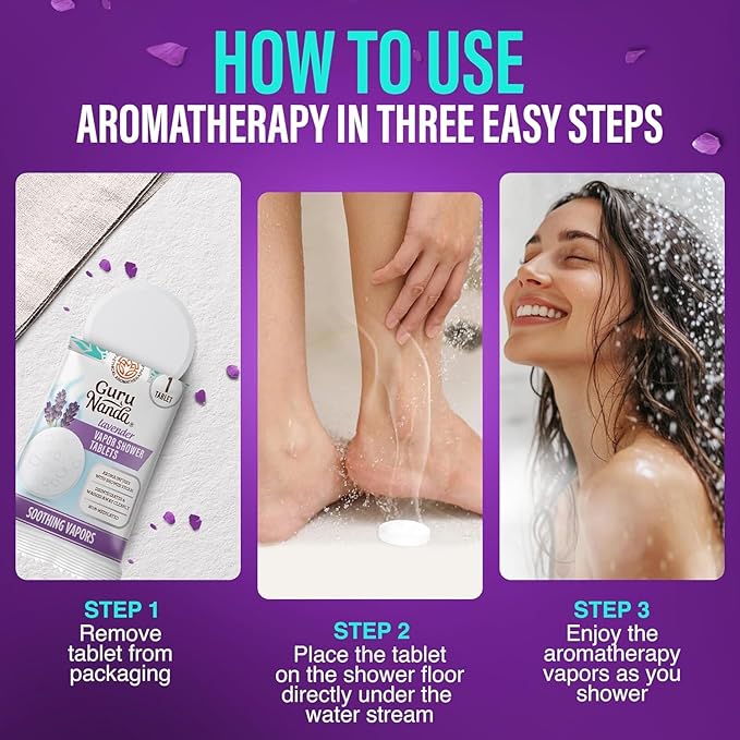 GuruNanda Lavender Vapor Shower Tablets, Clean-Dissolving Aromatherapy Shower Steamers with Lavender & Menthol, Soothes & Promotes Relaxation, Ideal for Gifting, 5 Count