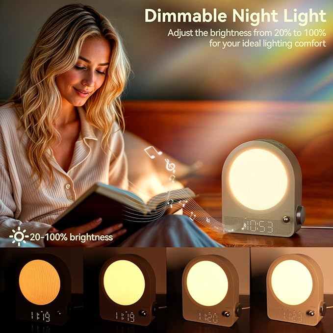 Vivilumens Sound Machine Alarm Clock, Gentle Sunrise Wake Up Light Alarm Clock for Heavy Sleepers Adults, Dimmable Night Light & RGB Meteors Lights Mode, 10 Natural Sounds, Great Gifts for Her