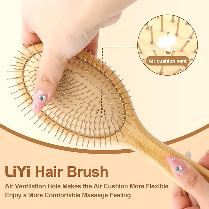 LIYI Bamboo Hair Brush for Hair Growth with Stainless Steel Bristles, Scalp Massager Ergonomic handle Wooden Paddle Brush for Women Men and Kids, for All Hair Types