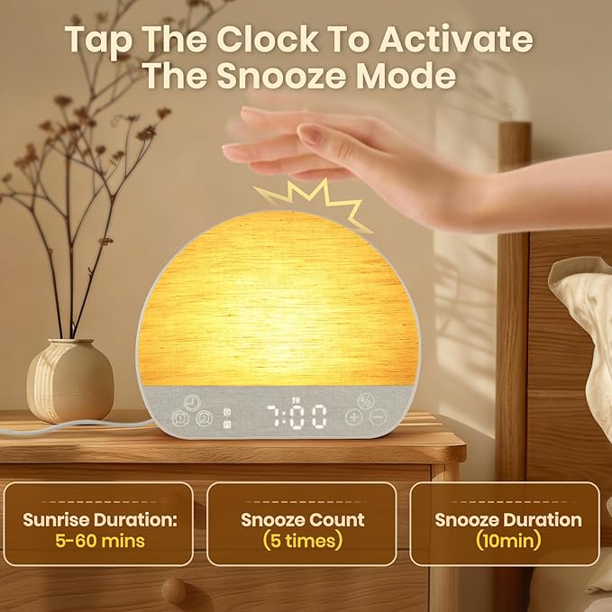Tap Snooze Sunrise Alarm Clock, Wake Up Light Alarm with Remote Control, Bluetooth Speaker & USB Charging, 37 Sounds White Noise Machine, 15 Colors Dimmable Night Light for Heavy Sleepers