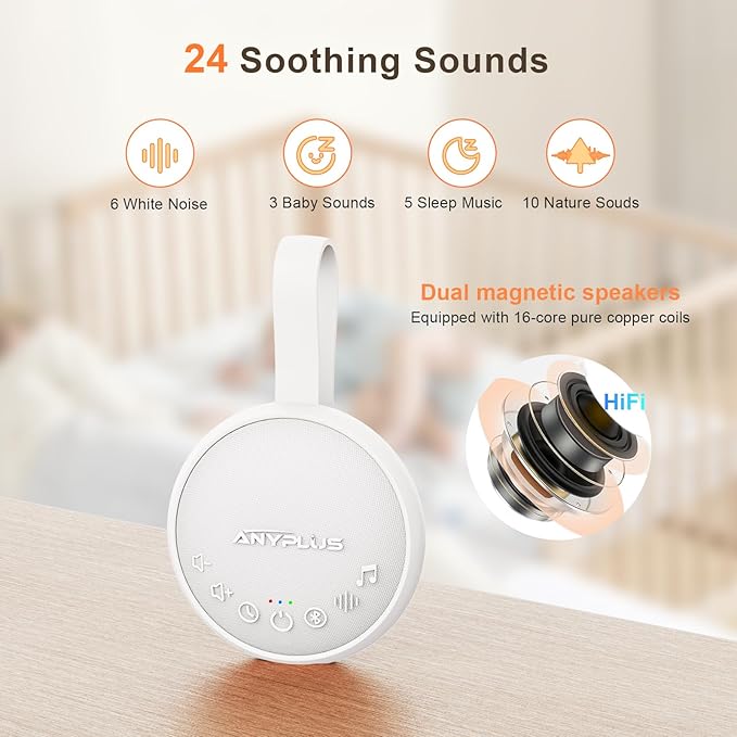 White Noise Machine for Sleeping Adults & Baby, Portable Sound Machine with 24 Soothing Sounds, Bluetooth 5.1, Battery Powered, 3 Timer Settings, Memory Function for Trave, Office (White)-15Pack