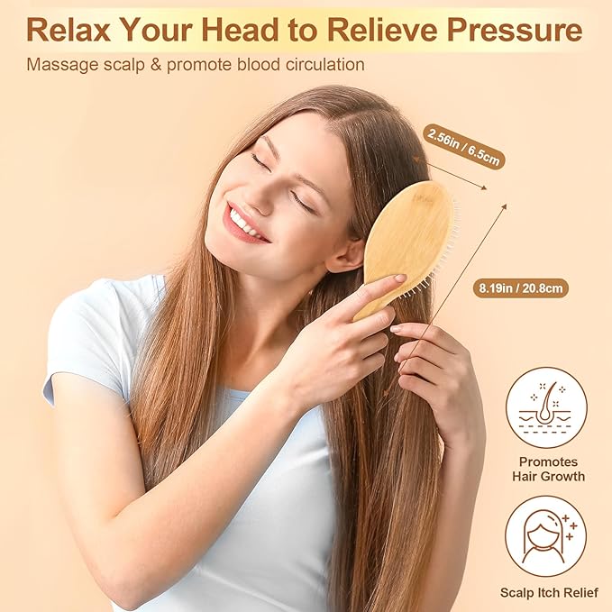 LIYI Bamboo Hair Brush for Hair Growth with Stainless Steel Bristles, Scalp Massager Ergonomic handle Wooden Paddle Brush for Women Men and Kids, for All Hair Types
