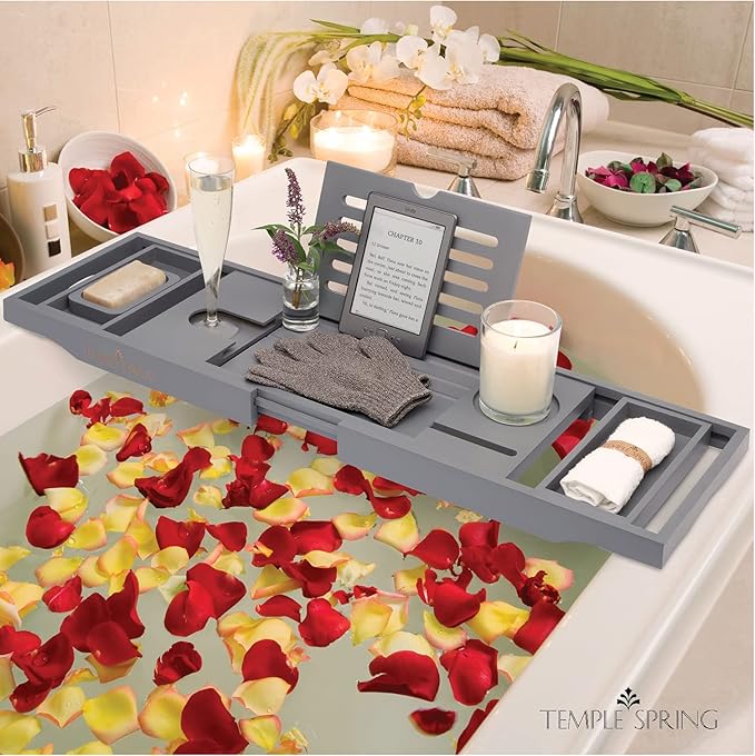 Temple Spring Wooden Bathtub Tray, Bamboo Bathroom Accessories, Bath Tray for Tub, at Home Spa Essentials, Board for Tub Table, Bath Caddy for Bathtub Accessories & Bathroom Essentials – Slate Grey