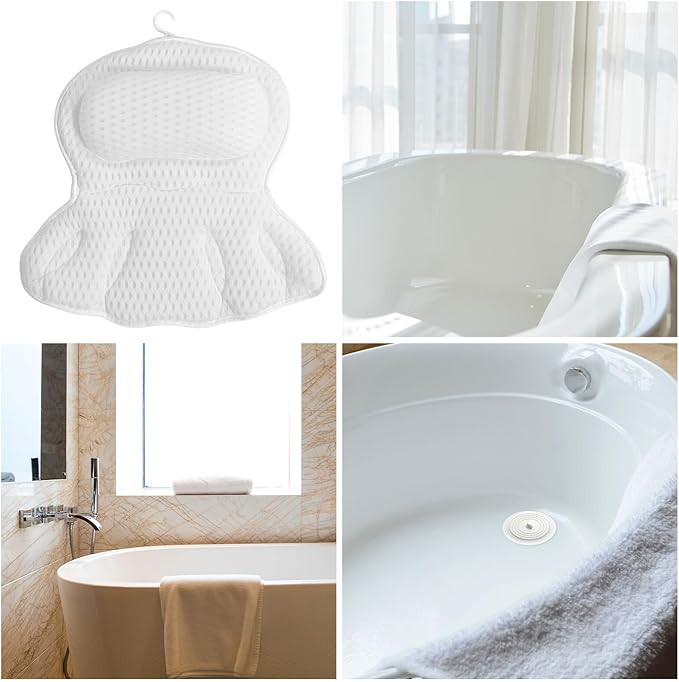 Housoutil 4d Bath Pillow for Tub Neck and Back Support, Machine Washable White Bath Cushion with Non-Slip Suction Cups, Ergonomic Tub Headrest for Relaxing Spa and Home Bathing