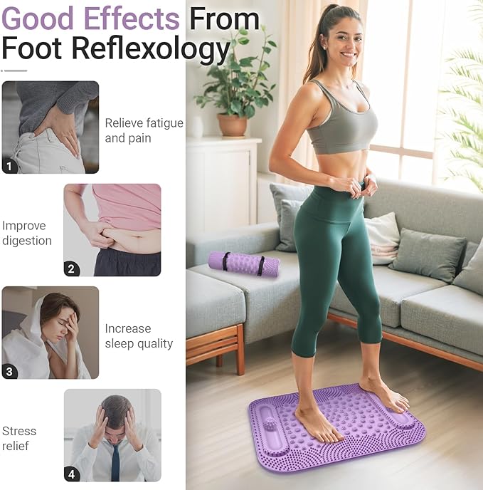 Foot Massage Mat with Two Massage Balls, 5-Zone Acupressure & Reflexology Mat for Various Stimulation, Portable Pressure Point Pad for Feet Relaxation, Pain, Fatigue Relief(Purple)