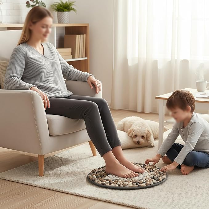 Rain Flower Stone Yin Yang Foot Massager Mat, Natural Pebble Acupressure pad for Plantar Fasciitis Relief, Reflexology Massage[Brown Butterfly Style]. (Brown&White, Rounded)