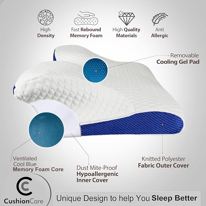 Cooling Gel Pillow for Neck and Shoulder Pain – Memory Foam Cervical Pillow with Orthopedic Contour Support & Ventilated Cover – For Pain Relief & Alignment – Side, Back & Stomach Sleepers + Free Mask