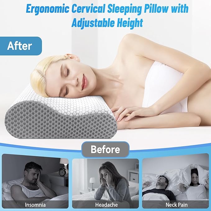 CloudBliss Memory Foam Pillow, Ergonomic Neck Contour Cervical Pillow for Back and Shoulder Pain, Orthopedic Pillow for Neck Pain Relief, for Sleeping Side, Back, Stomach Sleepers - Grey, King
