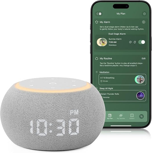Hotmoon Alarm Clock with Sound Machine for Sleep, Luna Pro Dual-Stage Alarm, 507 Non Looping Sounds, Smart Night Light & Timer, Pink Green Brown White Noise Machine for Sleeping, Plug in, Cool Gray