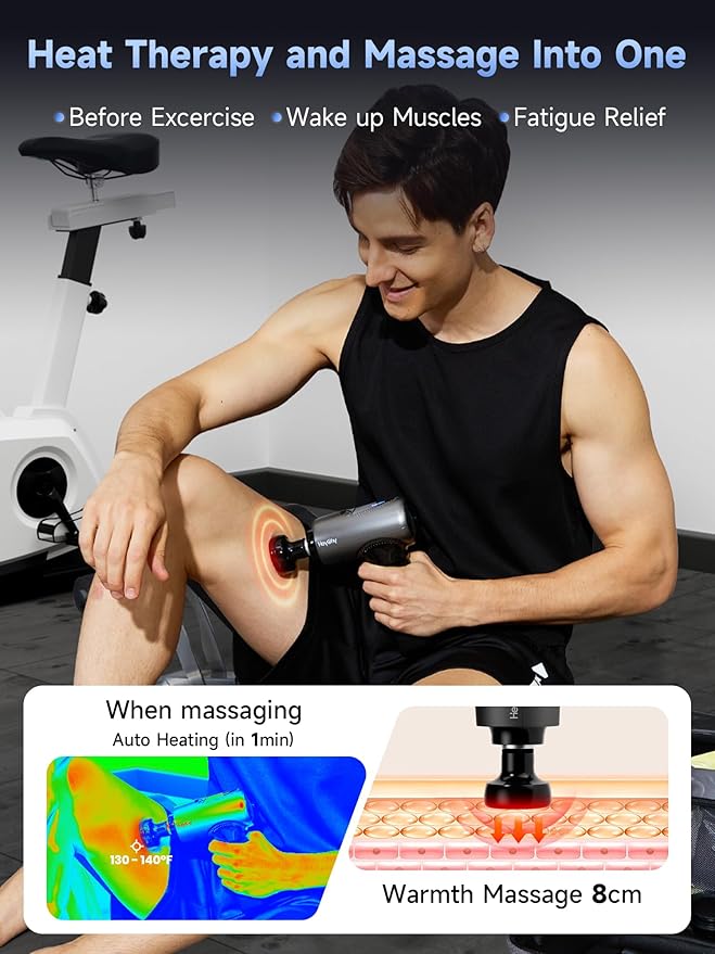 Massage Gun Deep Tissue with Heat Head, Handheld Muscle Back Massager with Carry Case, Portable Percussion Massager Gun with 6 Replacements for Athletes Pain Relief