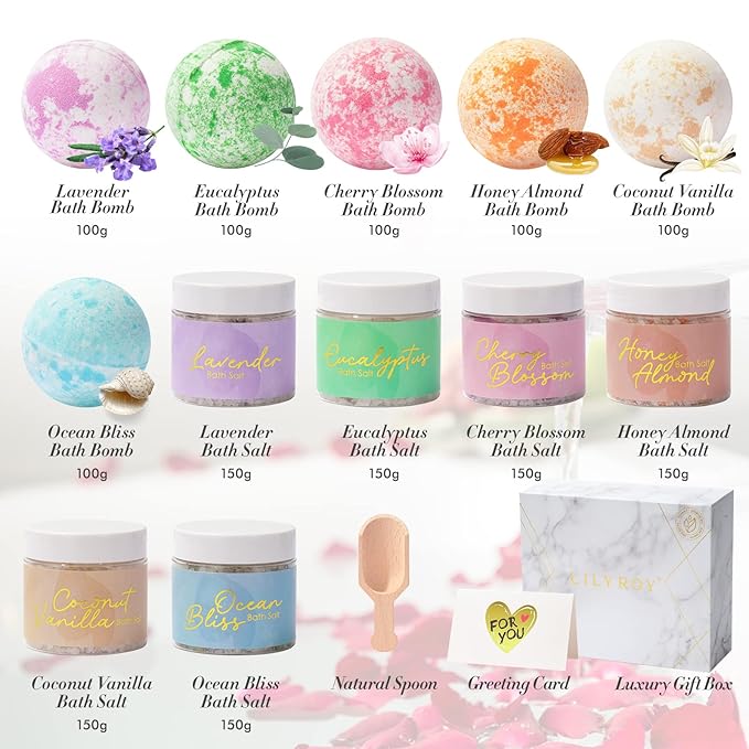 Luxury Mothers Day Gifts for Women15-Piece Floral 6 x 150g Bath Salt & 6 x 100g Bath Bomb Gift Set for Christmas Gifts, Bath & Body Gift Set for Women, Self Care Kit Elegant Box | Birthday Gift