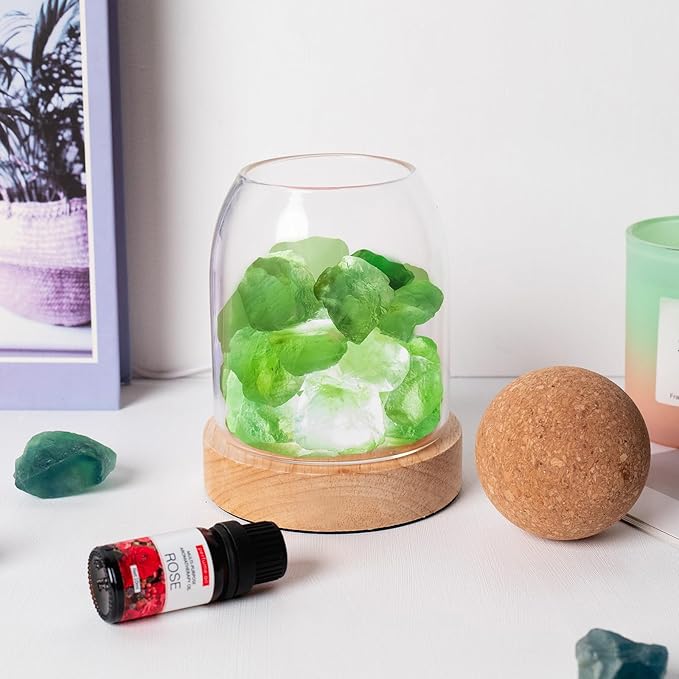 Runyangshi Green Fluorite Night Lamp 6.3" Natural Healing Crystal Aroma Stone Diffuser Bedside Lamp USB Port 3 Colours Dimming Mode Bedroom Lamp Home Decor