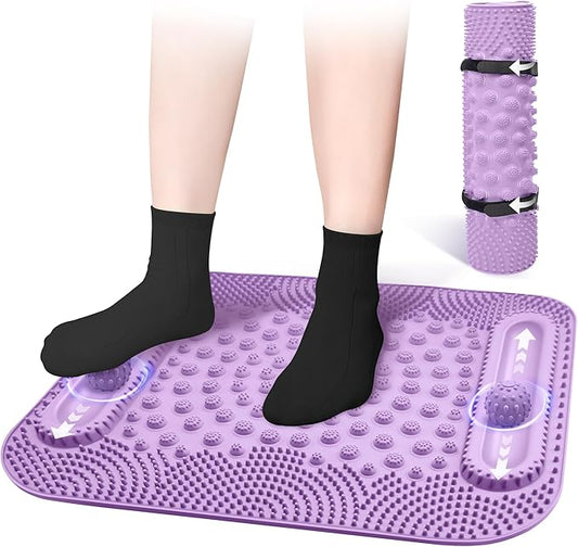 Foot Massage Mat with Two Massage Balls, 5-Zone Acupressure & Reflexology Mat for Various Stimulation, Portable Pressure Point Pad for Feet Relaxation, Pain, Fatigue Relief(Purple)