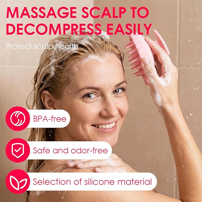 Detangling Silicone Scalp Scrubber Brush, for Wet or Dry Hair, Scalp Brush for Hair Growth and Dandruff Removal,Ergonomic Scalp Massager（Pink）