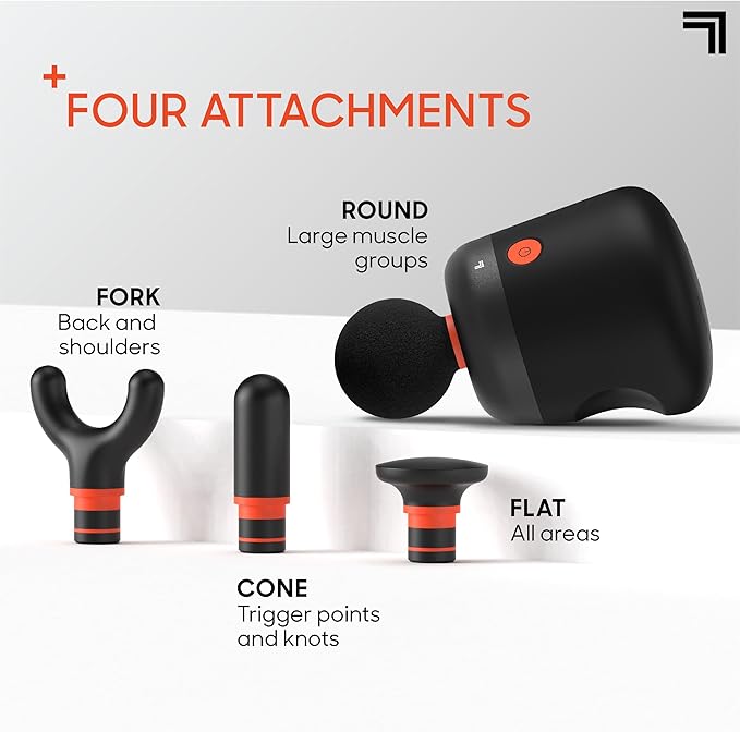 Sharper Image Mini Massage Gun, Powerboost Palm Rechargeable Deep Tissue Percussion Handheld Massager, 4 Adjustable Speeds, 4 Attachment Heads, Full Body Muscle Pain Relief Gift, Black