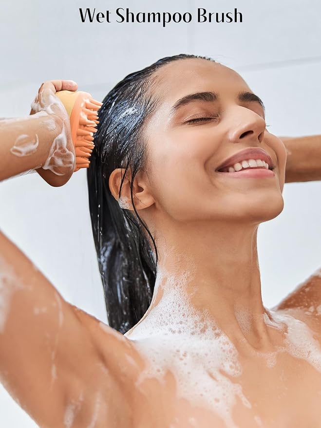 HEETA Scalp Massager with Soft Silicone Bristles for Hair Growth, Dandruff Removal, and Relaxation - Shampoo Brush for Wet or Dry Hair (Coral Pink & Orange)