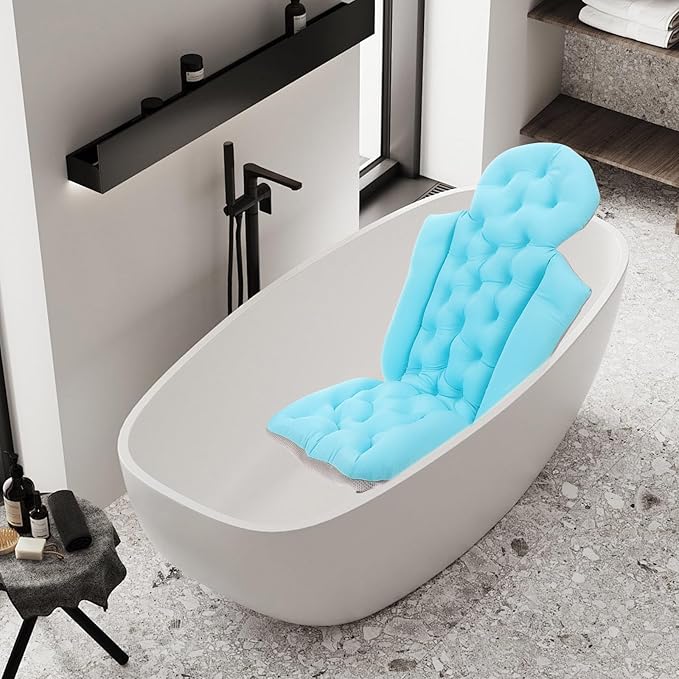 PRETYZOOM Adult Bath Cushion Bath Pillow for Tub with Integrated Small Suction Cups Full-Body Bathtub Mat in Sky Blue for Back and Neck Support