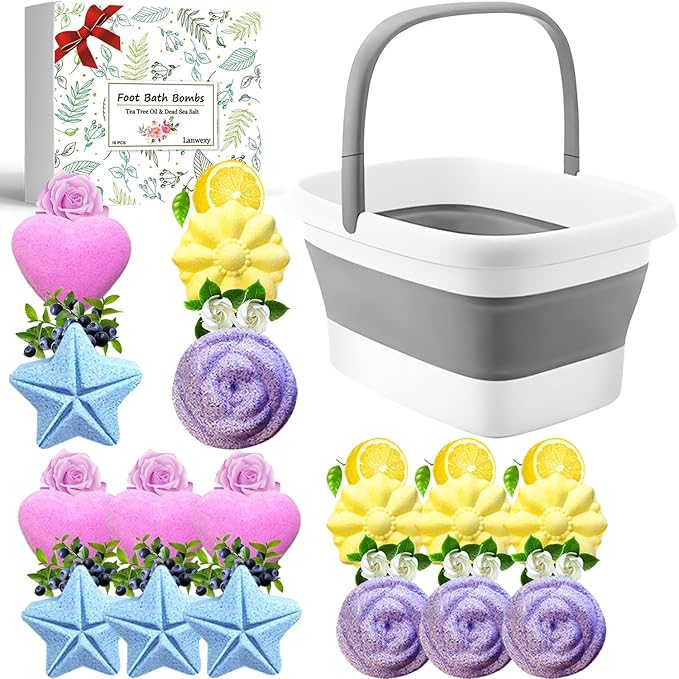 Foot Soaking Tub,Collapsible Bucket,Foot Spa,Foot Bath 16 Pack Foot Soak with Bath Salt and Tea Tree Oil.Foot Bath Soak Tub,Foot Balls for Foot Callus, Dry Cracked, Stubborn Foot Odor Scent.
