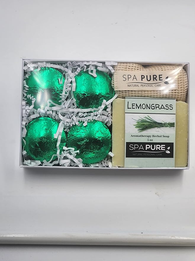 Spa Pure Aromatherapy Gift Set: Lemongrass Artisan soap, 4 Shower Steamers, made with plant based ingredients, essential oils, all natural (Lemongrass)