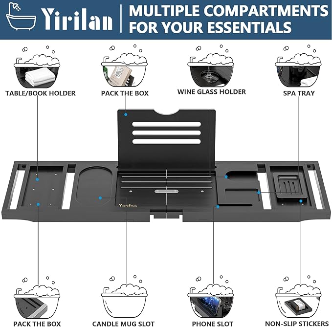 Yirilan Bamboo Bathtub Tray Caddy,Black