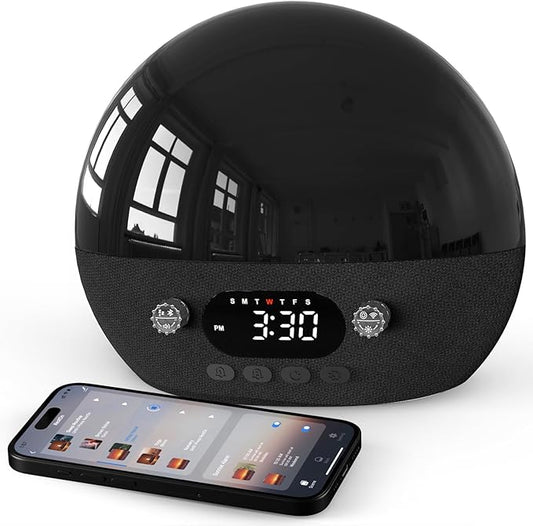 Dekala RestOnn Sunset Sound Machine Sunrise Alarm Clock White Noise Natural Sounds Amber Night Light, 7-day Programmable Dual Alarm Clock, Bluetooth Speaker, 3000mAh Battery Backup, App Control, Black