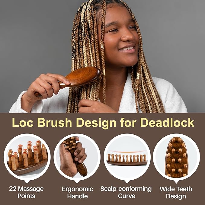 Natural Sandalwood Loc Brush - Ergonomic Dreadlock Detangling Hairbrush Wide Tooth for Microlocs & Sisterlocs, Wooden Scalp Massager Tool for Hair Growth, Hair Styling for Men & Women