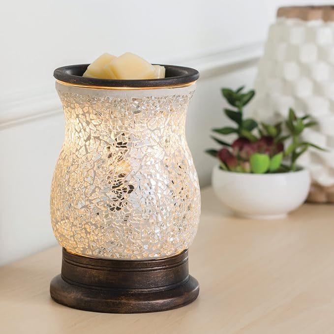 Candle Warmers ETC. Illumination Fragrance Warmer- Light-Up Warmer for Warming Scented Candle Wax Melts and Tarts or to Freshen Room, Reflection Mosaic Silver Glass