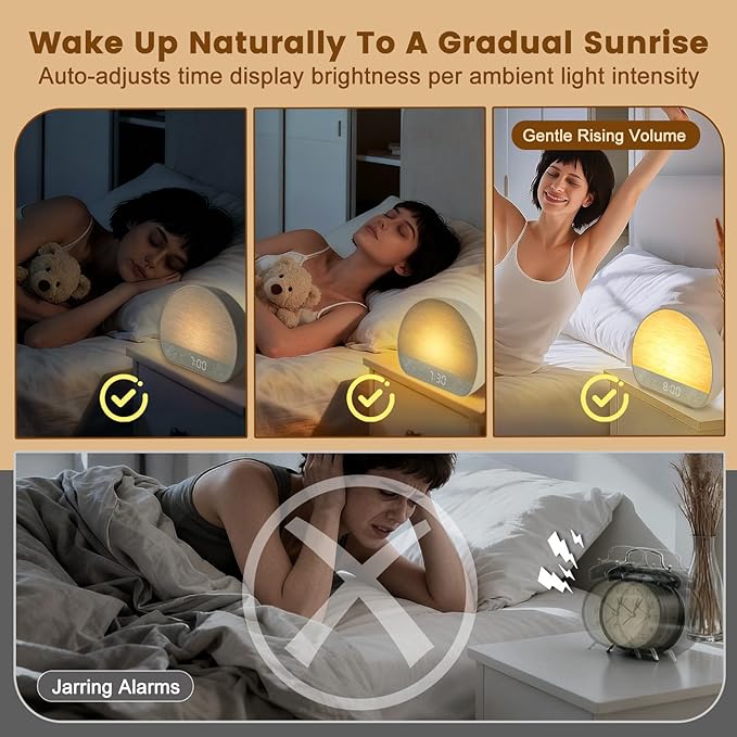 Tap Snooze Sunrise Alarm Clock, Wake Up Light Alarm with Remote Control, Bluetooth Speaker & USB Charging, 37 Sounds White Noise Machine, 15 Colors Dimmable Night Light for Heavy Sleepers