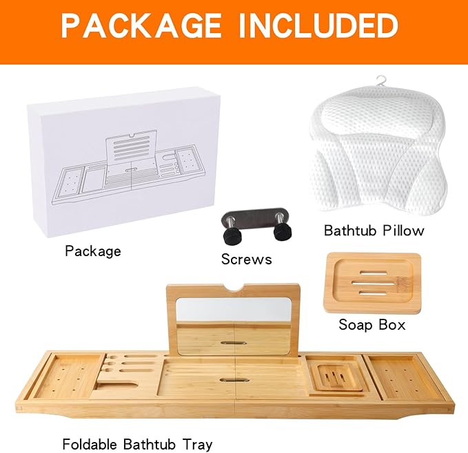 Bathtub Tray Table with Mirror and Bath Pillow, Expandable and Foldable Bamboo Bath Tray for Tub Soft and 4D Mesh Bathtub Pillow Luxury Bath Accessories Spa Gifts