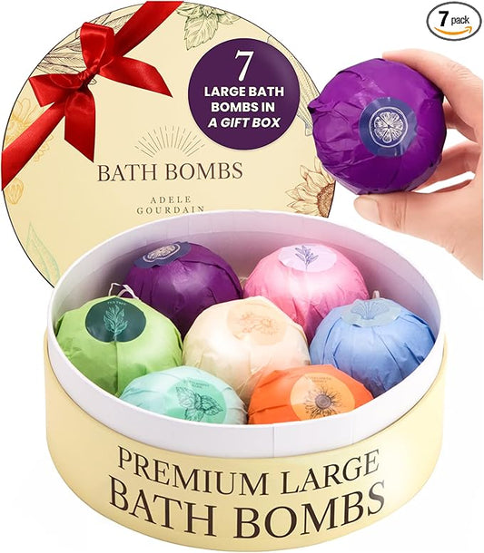 Bath Bombs Set 7 pcs - Gift Set for Women, 200g Extra Large Oversized, Mineral Bath Bombs for Sensitive Skin, Gift Set or Birthday or Mothers Day, Gift Box Idea for Her