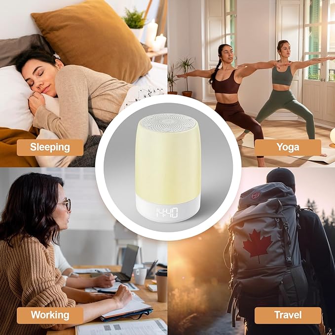 White Noise Machine Alarm Clock for Baby Adults Kids with 32 Soothing Sounds 8 Colors Rainbow Breathing Light，Toddler Sleep Trainer with Timer, App Remote Control，Bluetooth Playback for Bedroom