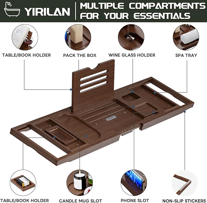 Yirilan Bathtub Trays for Tub,Bath Tray, Foldable Bathtub Caddy,Brown