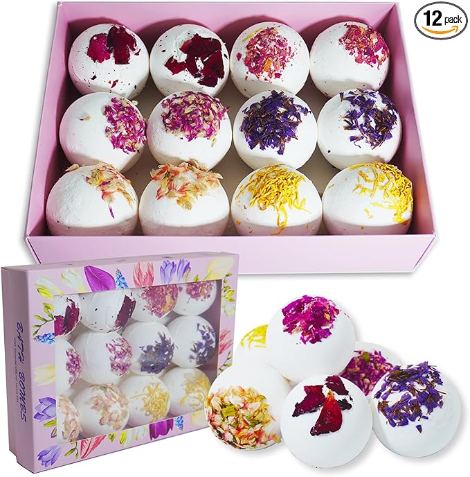 Aromatherapy Bath Bombs with Real Dried Flower Petals - 12 Pack Handmade SPA Gift Set for Women, Moisturizing Natural Essential Oil Fizzies for Stress Relief & Relaxation Home SPA