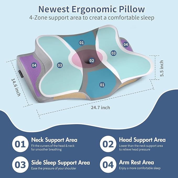 Cervical Neck Pillow for Pain Relief - Ergonomic Pillow Side Sleeper Pillow for Sleeping, Orthopedic Bed Pillow Neck Support Pillow, Contour Memory Foam Pillows for Side Back Stomach Sleepers