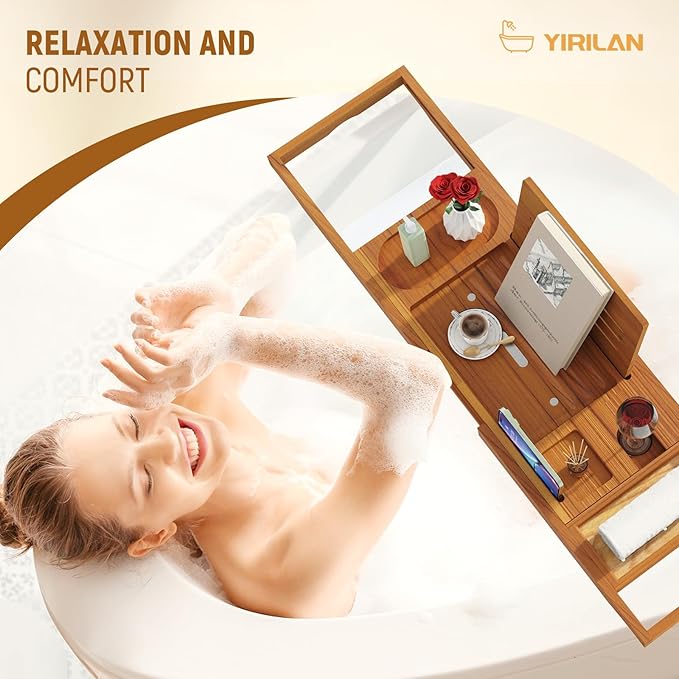 Yirilan Teak Bathtub Tray for Tub, Bath Table Tray for Tub Wood, Bathtub Caddy, Luxury Gift for House Warming, Wedding, Bridal Shower, Anniversary